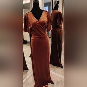 Velvet Wrap-Style Maxi Dress in Brown